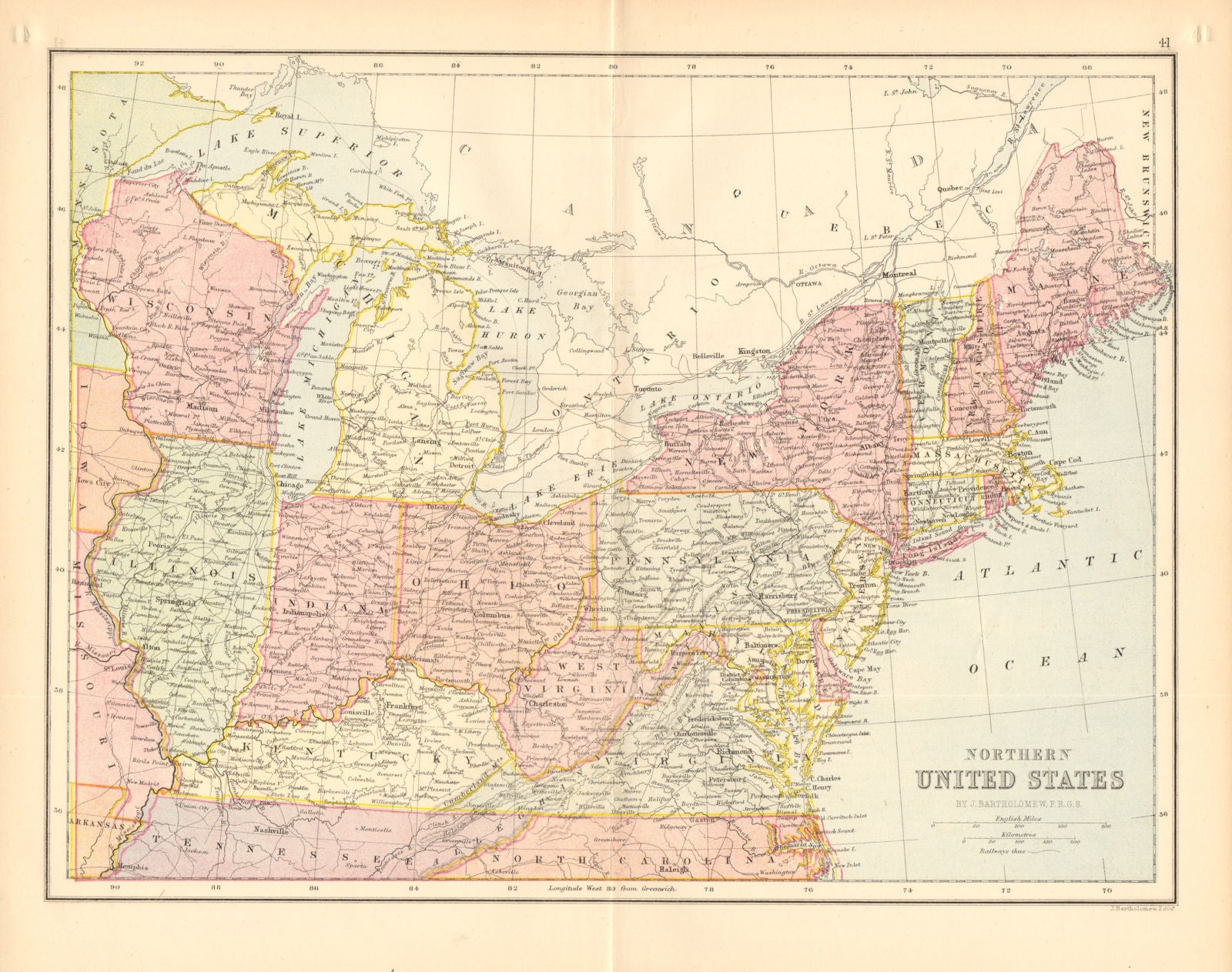 USA NORTH EAST. Atlantic States. Midwest. BARTHOLOMEW 1876 old antique map